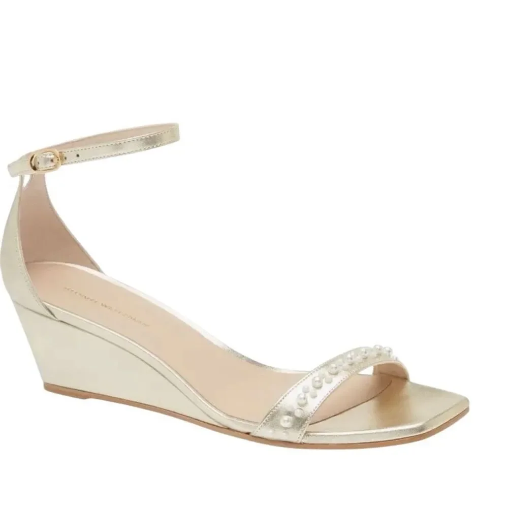 New Stuart Weitzman Pearl Leather Wedge ankle strap square toe sandal 8